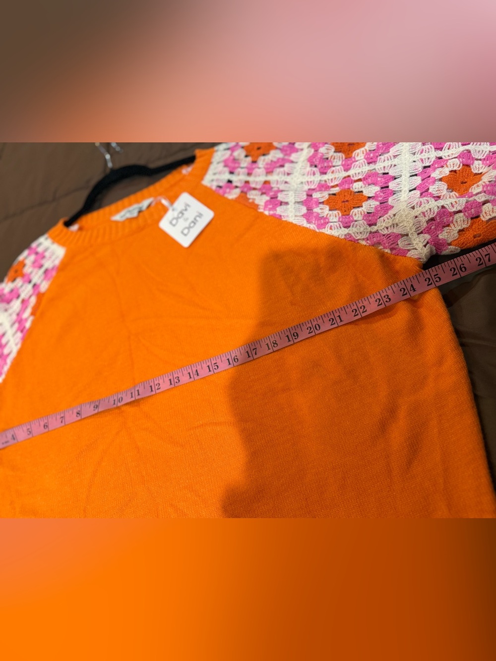 DAVI & DANI Orange Knit Sweater with Pink and Cream Crochet Sleeves - Picture 6 of 7